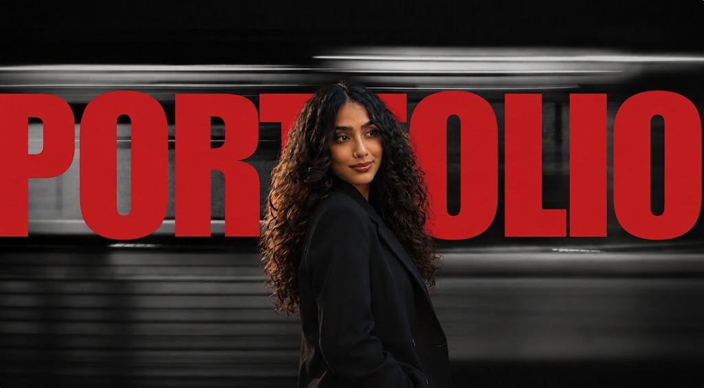 Woman beside a train with red PORTFOLIO lettering